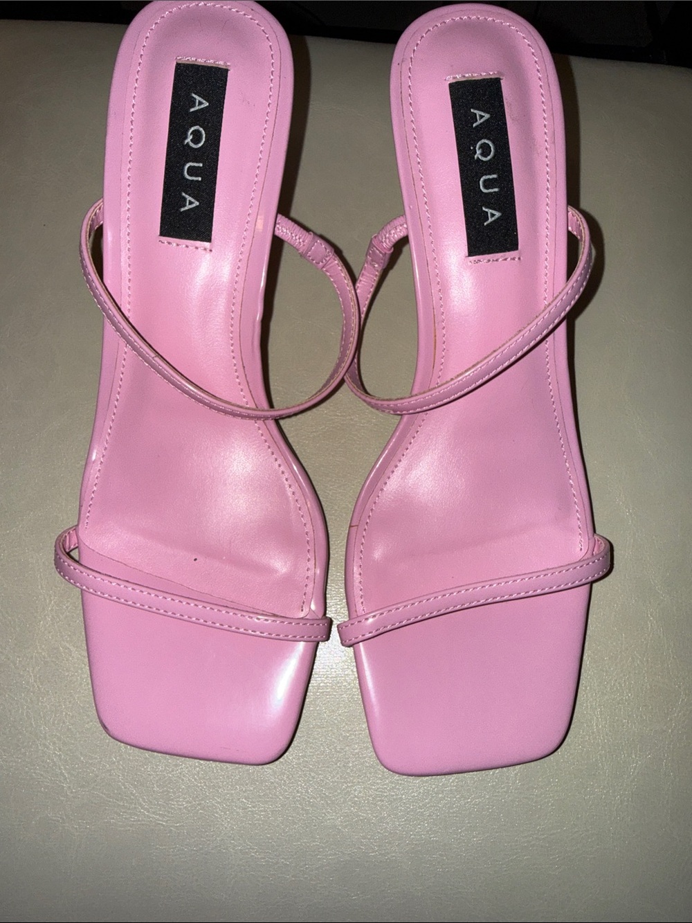 Aqua Glossy Pink Two-Strap Square-Toe Heels